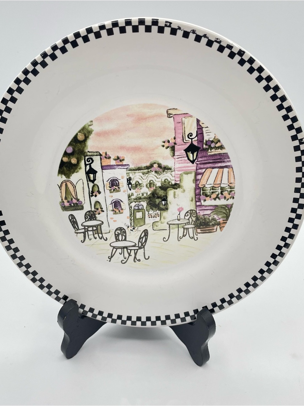 Set of 4 Bistro Cafe Scene Salad  Plates  7.75” Black Check Border Ceramic